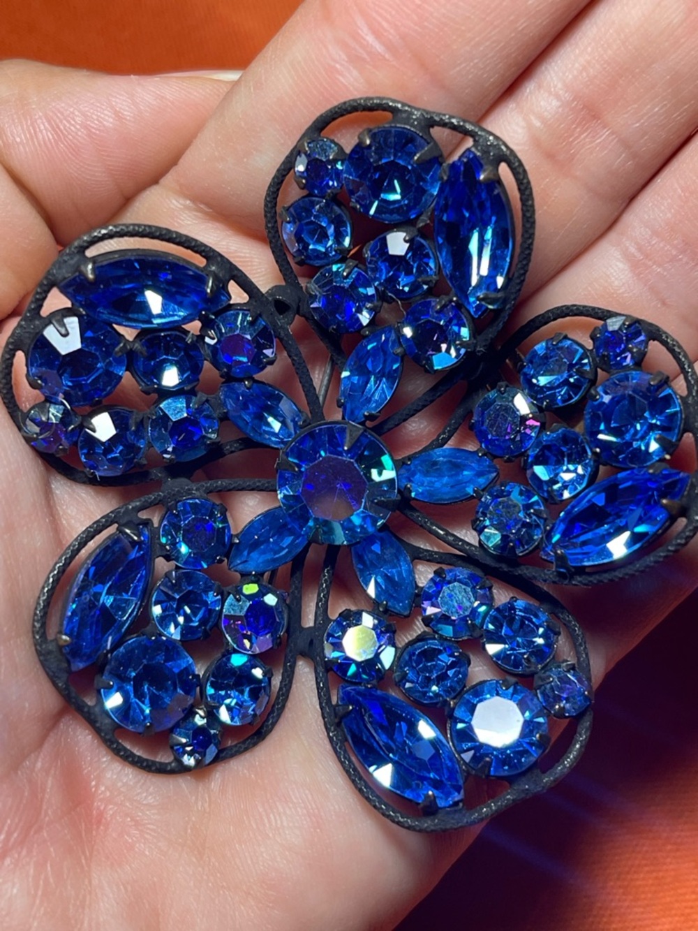 Regency signed Blue Crystal Floral Brooch
